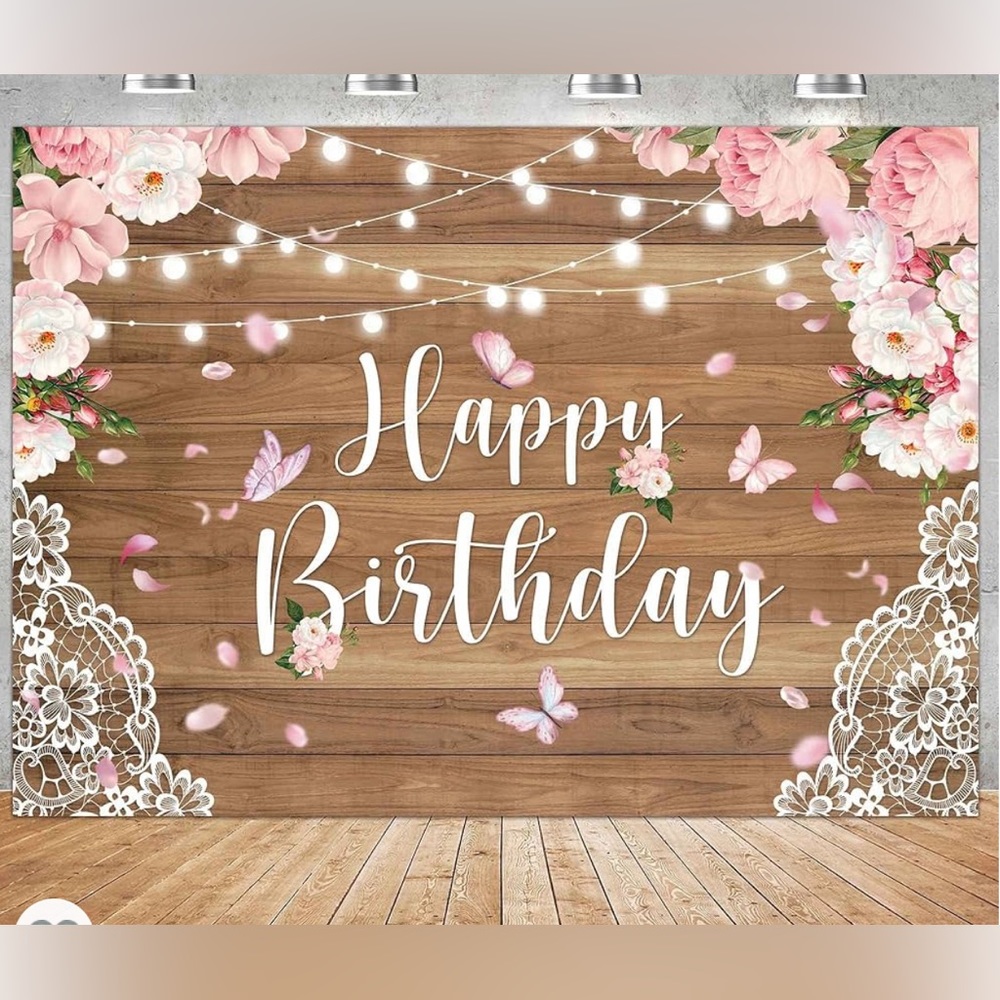 Happy birthday wall fabric banner with flowers and butterflies.